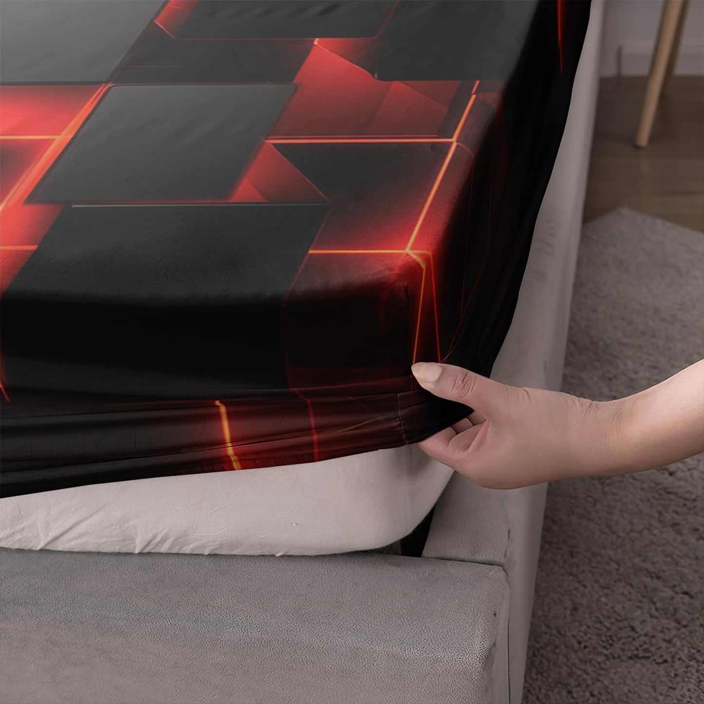 AILONEN Black and Red Checkered Fitted Sheet Set Queen Size,Abstract Square Plaid Modern Geometric Bed Sheet Set,3-Piece Gradient Neon Cubes Themed Bedding Set,1 Fitted Sheet with 2 Pillowcases
