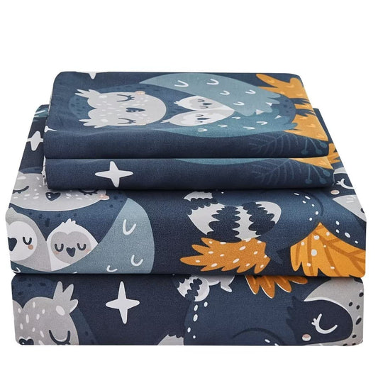 JSD Forest Animals Kids Sheet Set Twin Size, 3 Piece Navy Blue Owl Microfiber Bed Sheets Deep Pocket