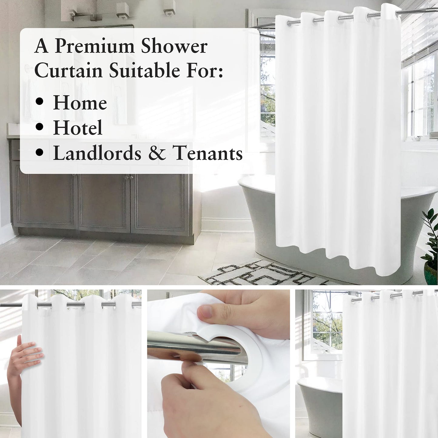 River Dream No Hook Hotel Cloth Shower Curtain Microfiber - Waterproof Soft Washable Fabric Shower Curtain or Liner with Magnets, White, Standard Size