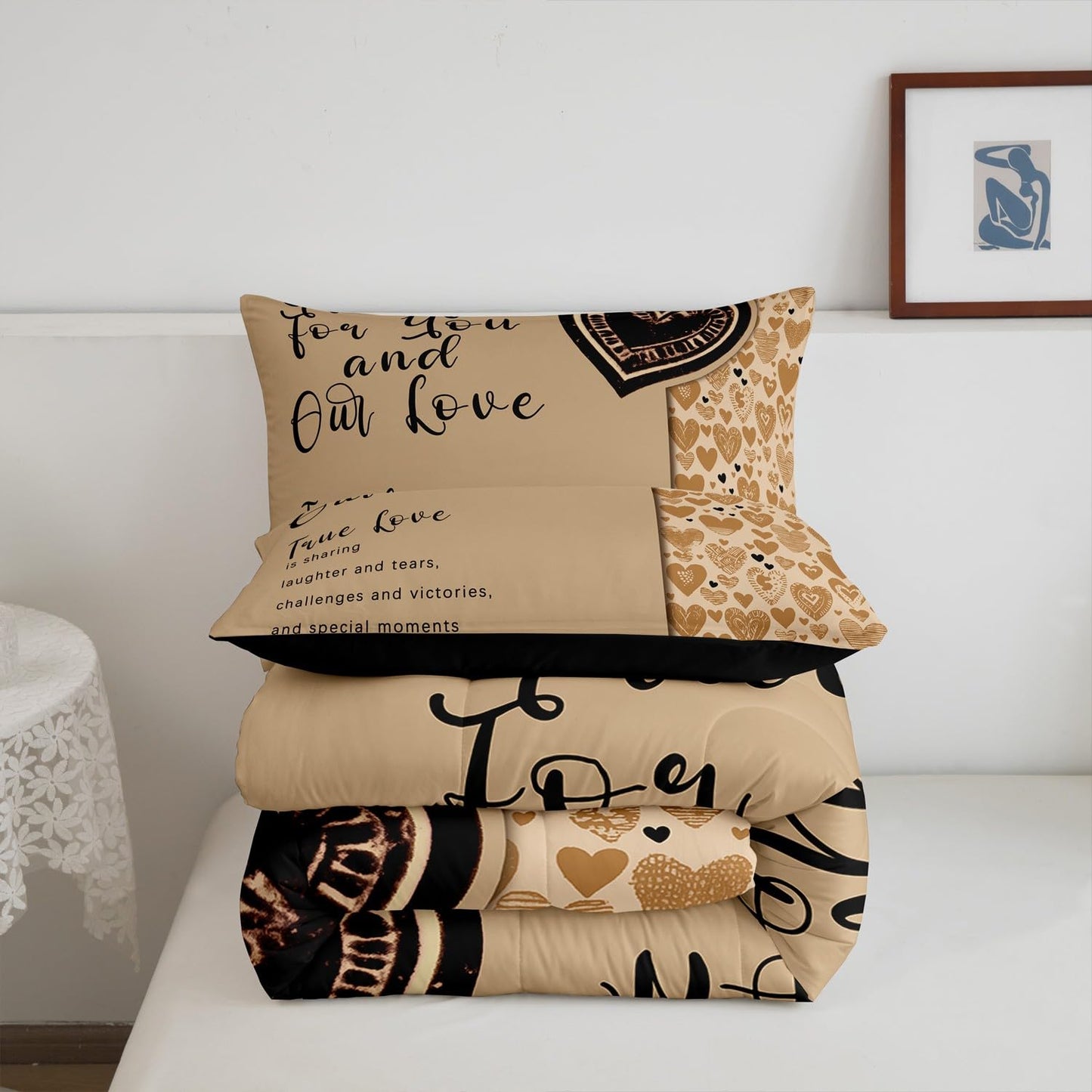 Erosebridal Romantic Motto Bedding Queen,Love Hearts Comforter Set for Lovers Couple,Valentine Gifts Down Comforter,True Love Bedding Comforter Sets for Wedding Engagement