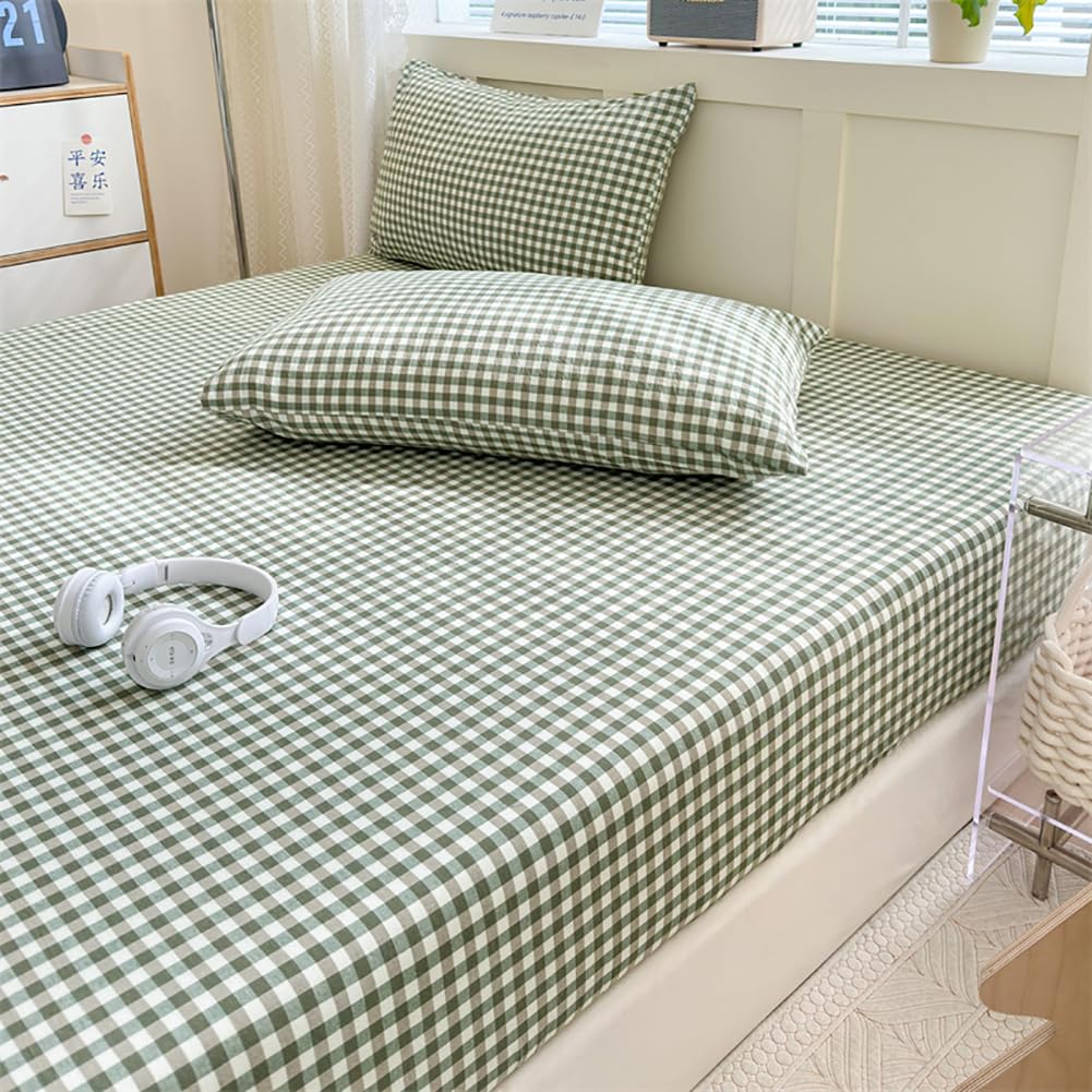 LifeTB Green Gingham Fitted Sheet Queen 1 Piece Plaid Bedding Sheet Soft 100% Washed Cotton Grid Single Bottom Sheet Green Gingham Bed Sheet Cotton Mattress Cover 15" Deep Pocket Farmhouse Grid Sheet