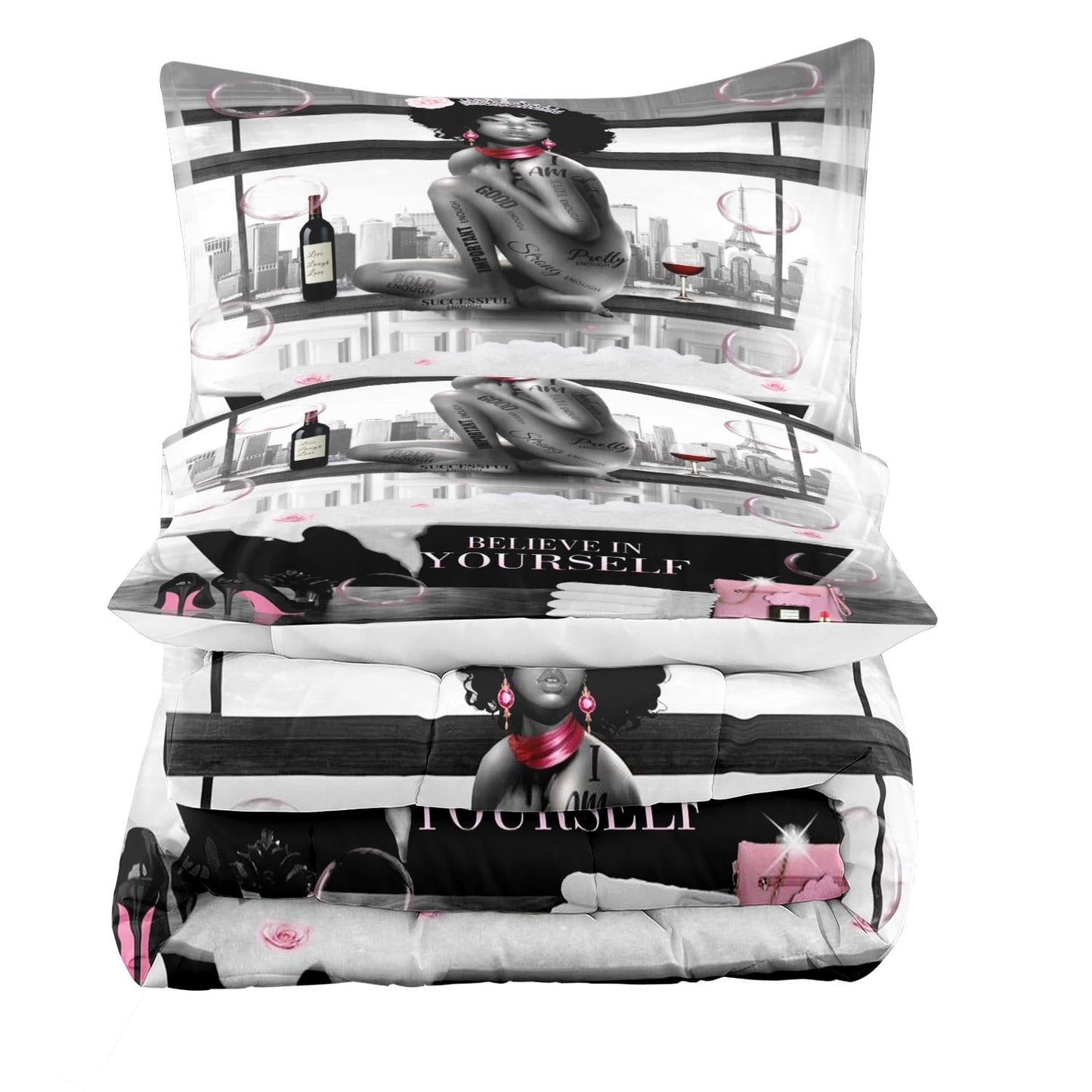 LUVIVIHOME 3PCS African American Black Girl Comforter Set, King Size Comforter Set, Bag High Heels Inspirational Quotes Black and White Bedding Quilt, Pink Bedroom Decor for Women, 2 Pillow Shams