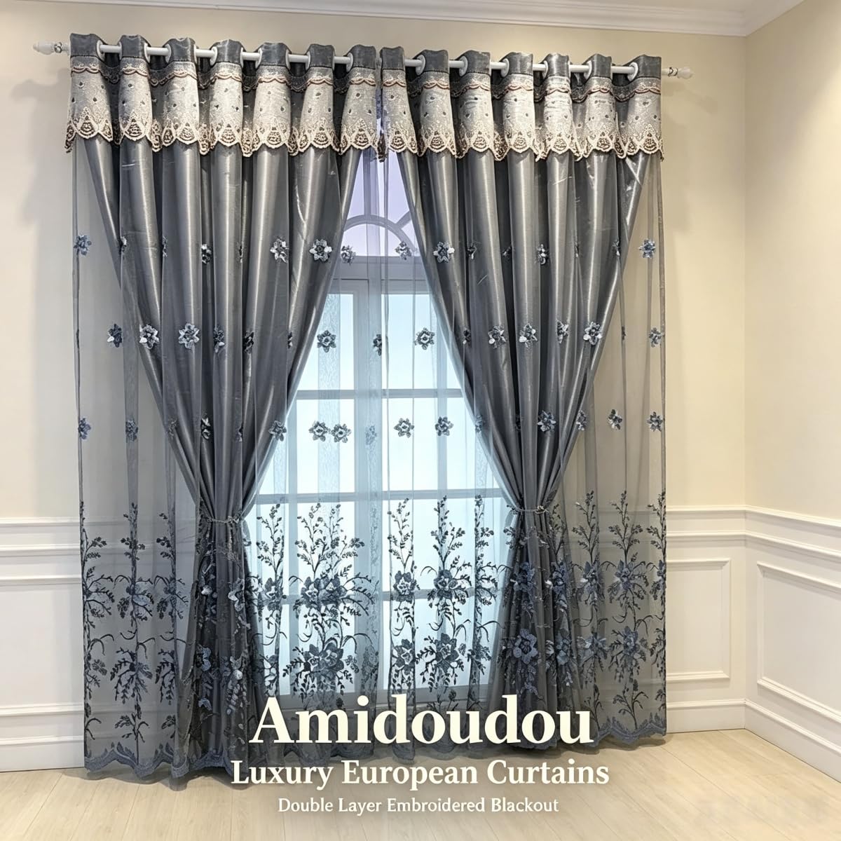 Amidoudou 1 Pair European Double Layer Curtains for Living Room Bedroom Luxury Flower Embroidered Curtains with Valance (Grey,52x95 Inch)