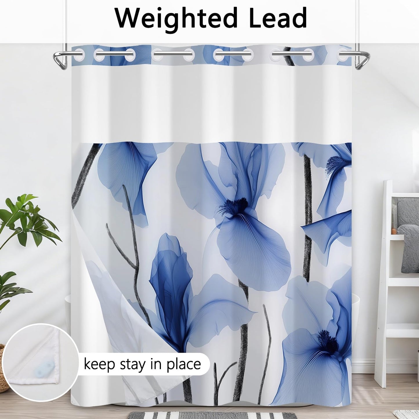 Xiazhilaio No Hook Iris Shower Curtain with Snap in Liner 71”W x74”H