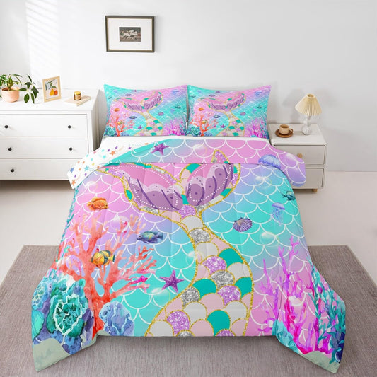 Erosebridal Mermaid Tail Comforter Set,Kids Fish Scales Duvet Stuffing Full,Girly Rainbow Bedding Set Ocean Life Sea Animal Bed Quilt Teal Sequins Pastel Pink Paillette Bedroom Decor,Multicolor