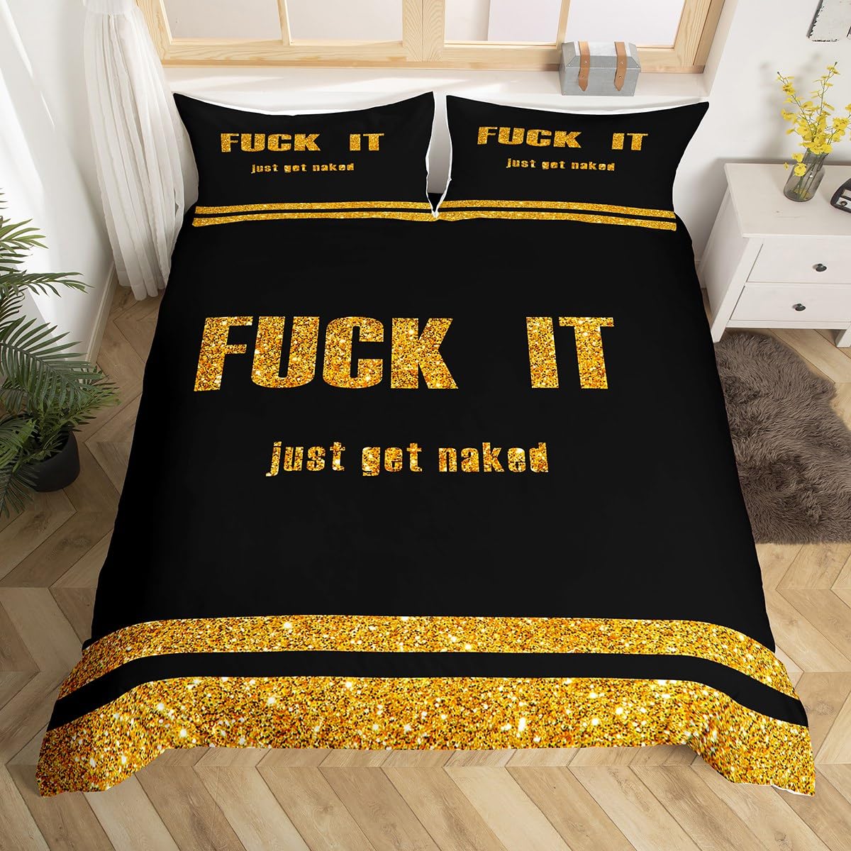 Feelyou Funny Quotes Bedding Set Get Naked Duvet Cover for Men Women Couple Lover Golden Glitter Sequins Comforter Cover Black and Gold Bed Set Bedroom Decor Quilt 3Pcs King Size (No Comforter)