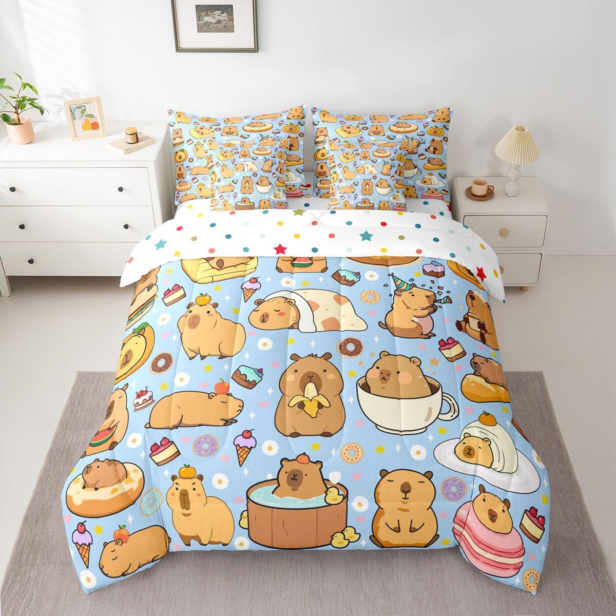 Cartoon Capybara 7 Pieces Bedding Set Twin Size,Kawaii Animals Bed in a Bag,Capybara Lovers Bed Set Includes Comforter,Sheet Set,Pillowcases & Pillow Covers,Yummy Foods Love Hearts Bedroom Decor