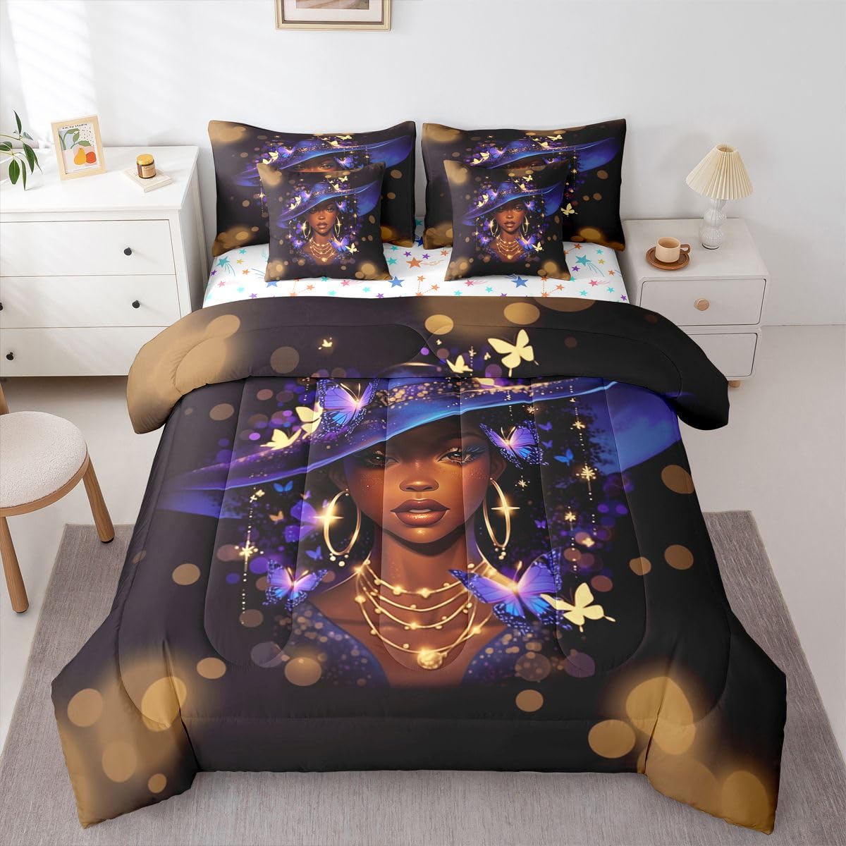 Erosebridal Black Girls Magic Queen Bedding Set Blue Witch Hat Comforter Set with Flat and Fitted Sheet Women Teen Vibrant Butterfly 7-Piece Bed in a Bag Stylish Luxury Gold Art Quilt Sets