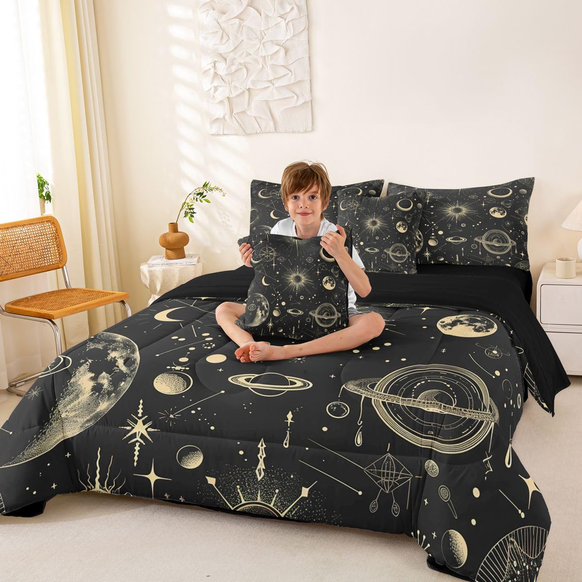Erosebridal Galaxy 7 Piece Bedding Set Queen Sun Moon Comforter Set with Sheets Starry Sky Bed in A Bag Grunge Style Bed Sets with 2 Pillowcases, 2 Throw Pillow Covers