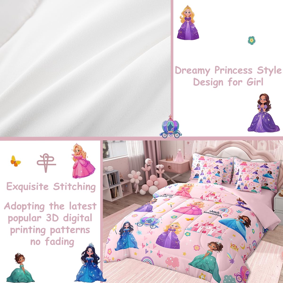 jejeloiu Kids 7 Piece Princess Bedding Set Twin Size Pink Castle Bed Set Includes Comforter, Sheet Set, Pillowcases & Pillow Covers Bedroom Decor Fairy Dreamy Bed in a Bag Breathable Soft
