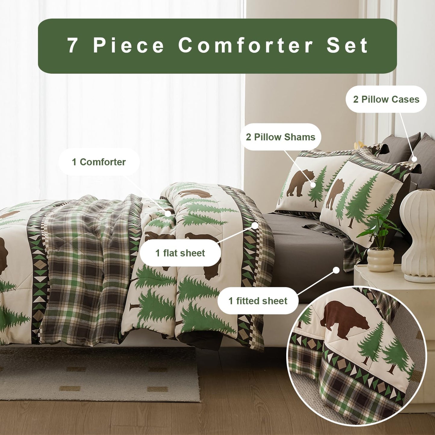 Smuge Lodge Moose Comforters Queen Size Set - 7 Pieces Bed in a Bag Bear Rustic Cabin Country Comforter Sets Queen Bed, Down Alternative Bedding Sets, Sheets, Pillowcases & Shams(Coffee Green)