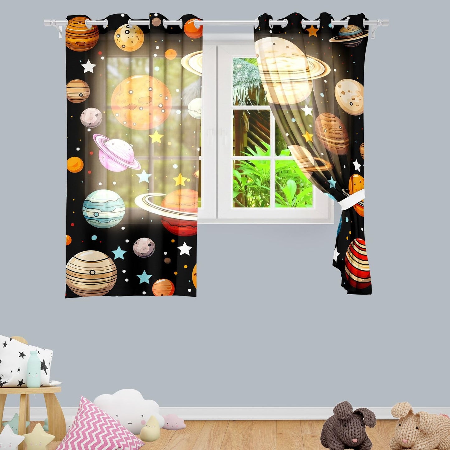 ANGELWARDROBE Galaxy Planet Curtains for Boys Girls Room Decor, Cartoon Universe Planets 50% Blackout Window Curtains, Starry Sky Galaxy Room Darkening Drapes for Bedroom, 2 Panels, 42" W x 63" L