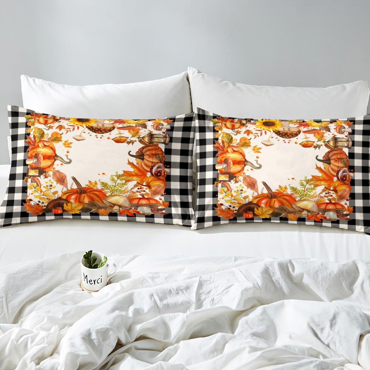 Thanksgiving Bed Sheets Fall Pumpkin Mushrooms Bedding Sheets Queen Brown Buffalo Plaid Sheet Set,Autumn Harvest Season Fitted Sheet + Flat Sheet + 2 Pillow Cases,Fall Decorations For Home Bedroom