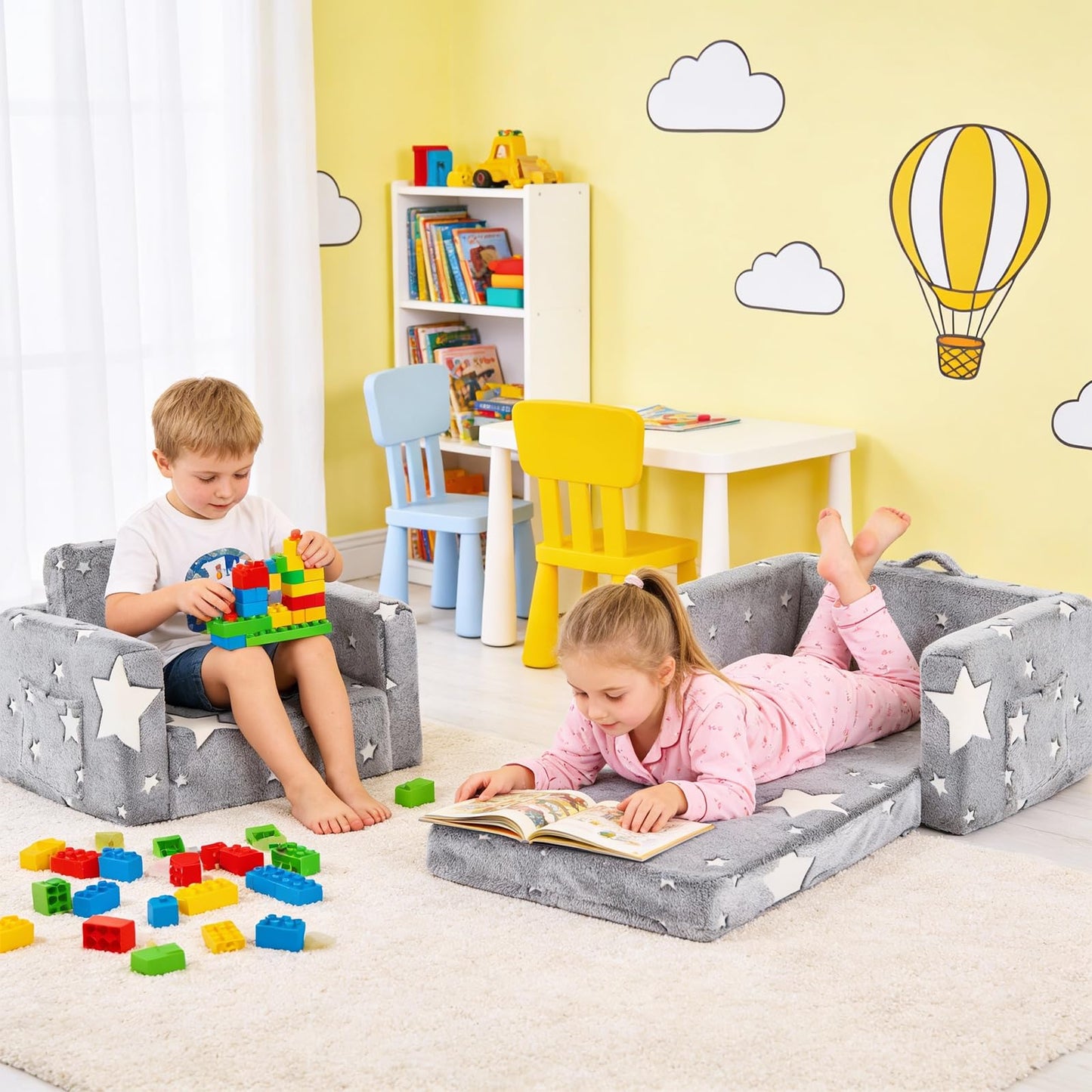 Givjoy Toddler Chair Plush Kids Couch, 2-in-1 Glow in The Dark Comfy Armchair Removable and Washable Cover Carrying Handle, Kids Reading Chair Toddler Couch for Playroom, Girls and Boys, Grey Star