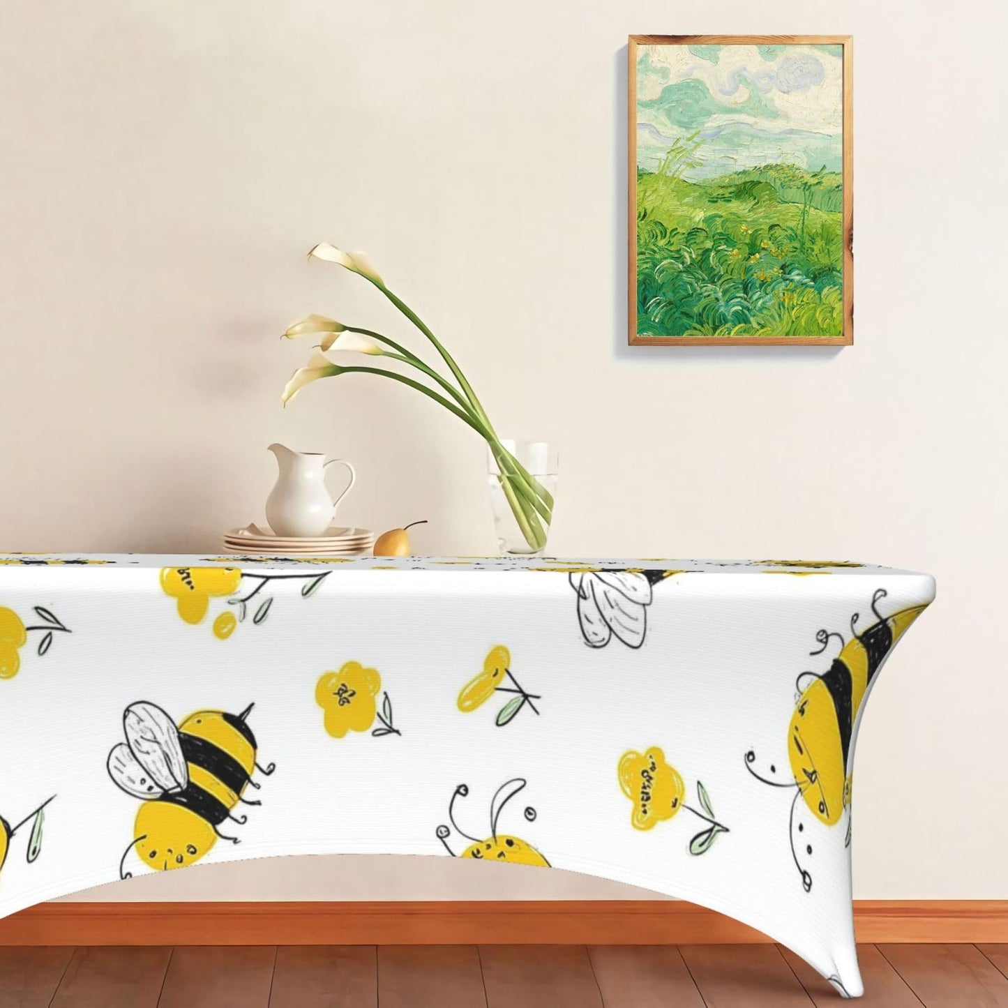 HSYOYO Yellow Bees Flowers Fitted Tablecloths for 6 Foot Rectangle Tables Stretch Table Cover Indoor Outdoor Rectangular Table Protector Decoration for Party Picnic Wedding