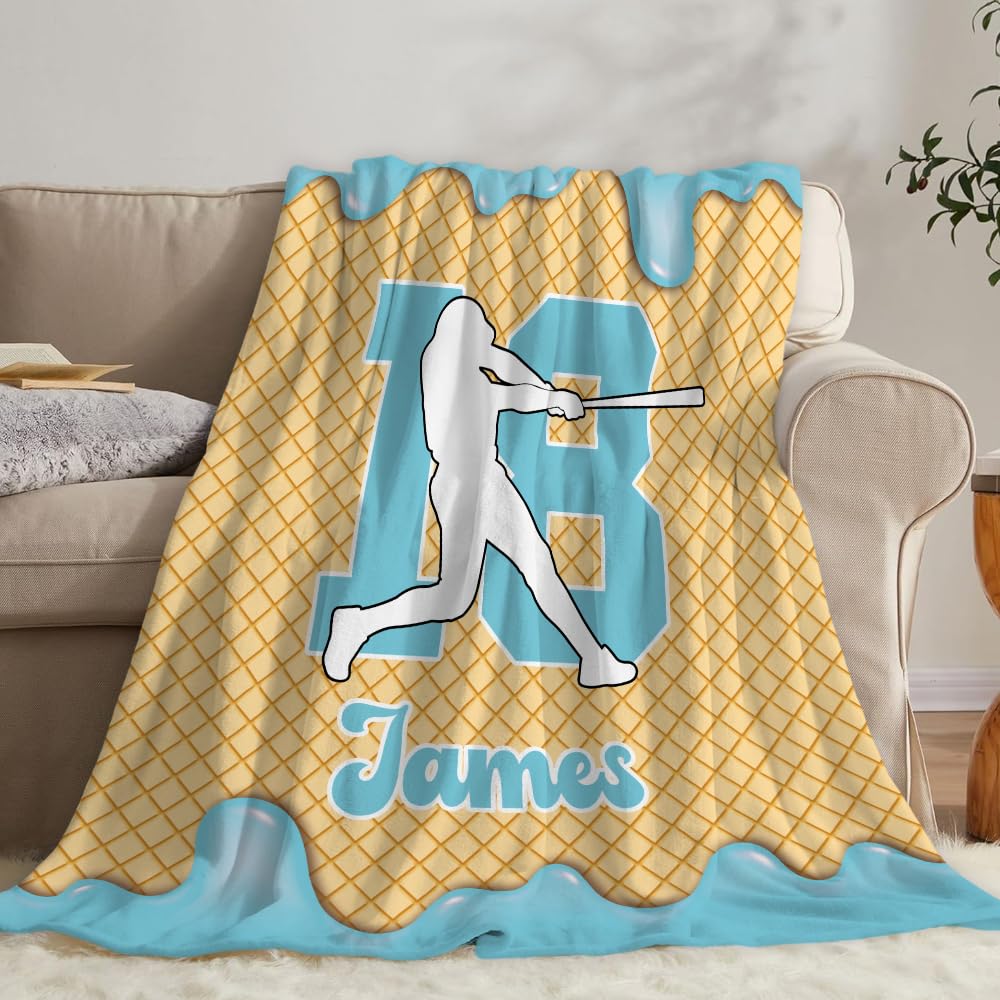 Personalized Baseball Ice Cream Drip Blanket – Custom Name & Number Baseball Throw Blanket, Soft Cozy Sports Blanket, Gift for Kids, Teens & Adults, Bedroom or Couch Décor (Ice Cream Drip Baseball #1)