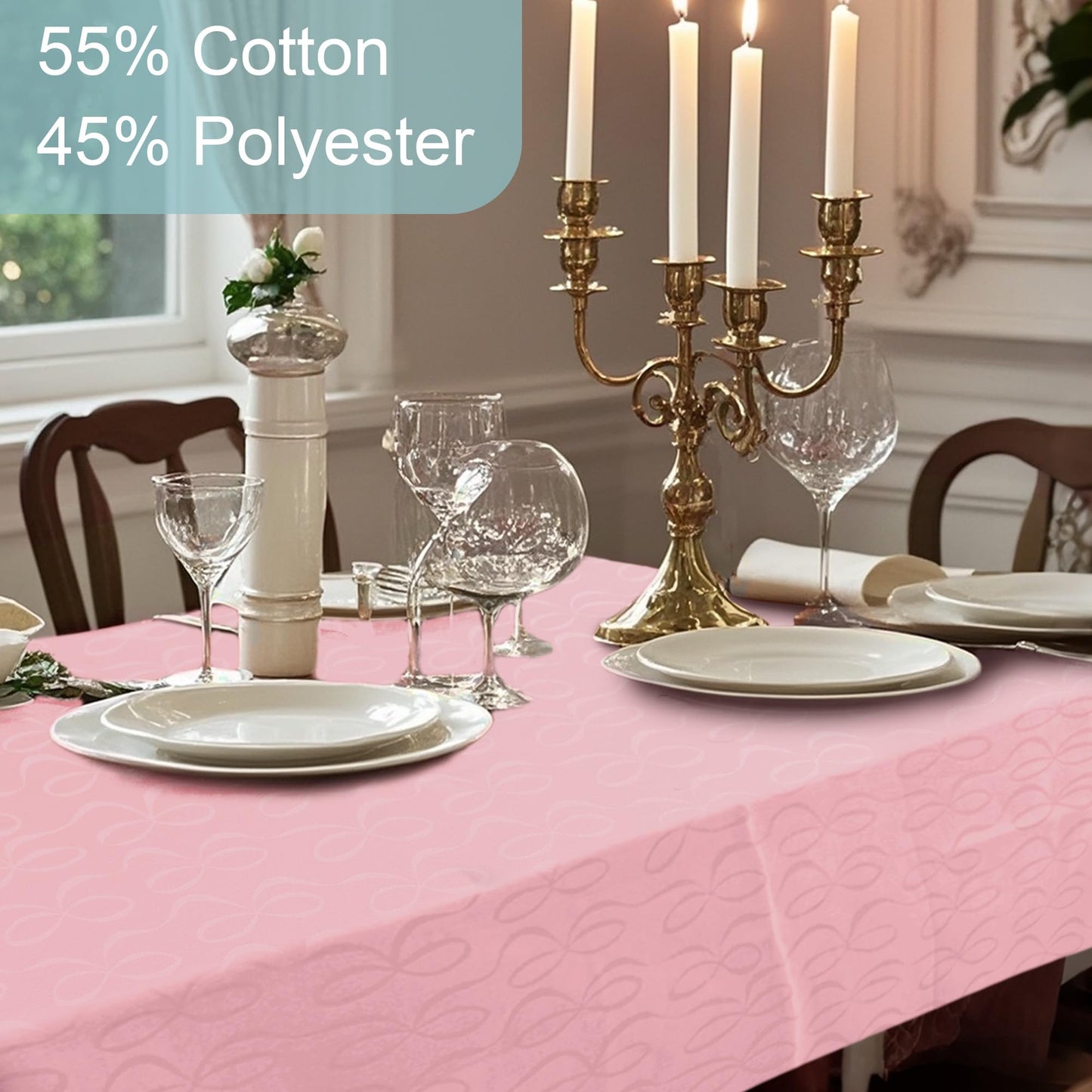 Elegant Tablecloth Rectangle, 60"x120", 1PC Washable Table Cloth for 9ft Table (10-12 Seat) - Cotton Polyester, Wrinkle Resistant, Pink Table Cloths for Valentine's Day & Celebration, Luxury Bows