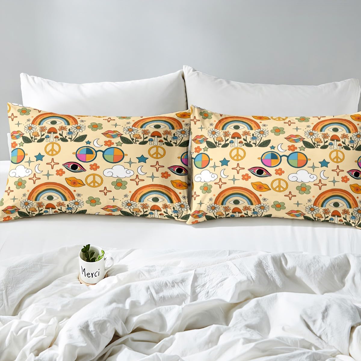 Castle Fairy Kids Retro 70s Hippie Style Bed Sheet Set King Size,Mushroom Bedding Set for Children Adult Present,Rainbow Floral Stars Moon Bedding (1 Fitted,1 Flat,2 Pillowcases), Microfiber