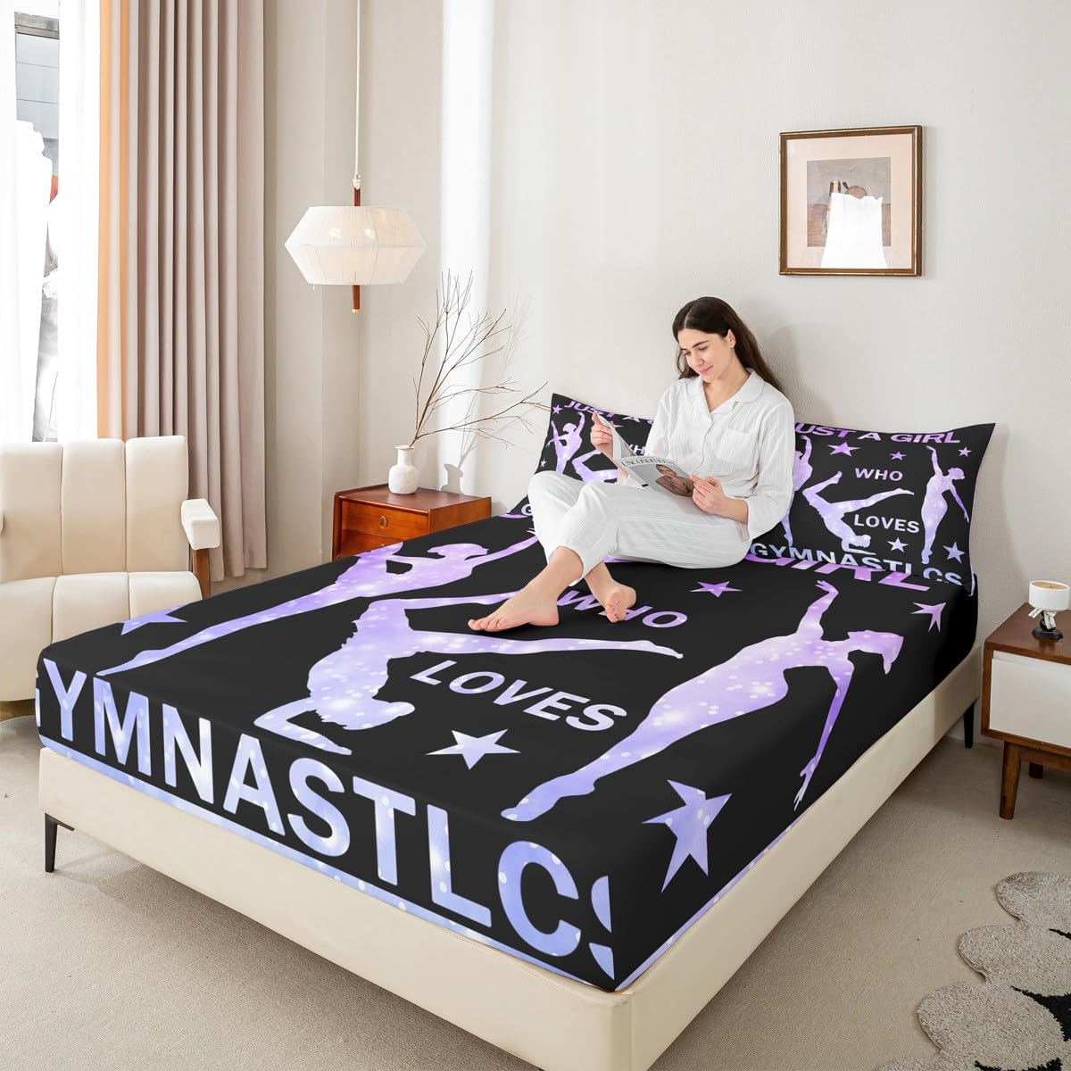 Gymnastics Fitted Sheet Girls Gymnastics Lovers Bed Sheet Set for Daughter Girls Kids Gymnast Sports Decor Bedding Set Purple Glitter Bed Cover Bedroom (No Flat Sheet) Twin Size