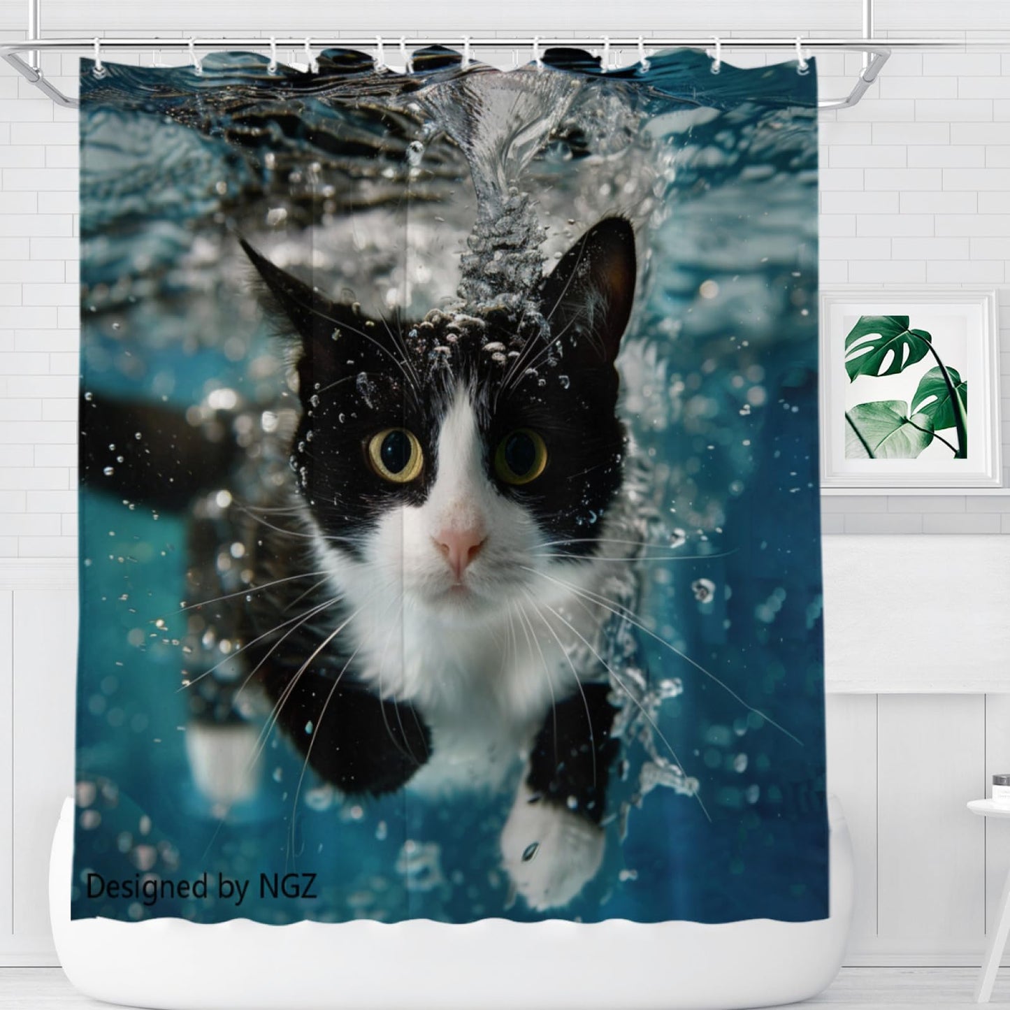 NGZ Swimming Animal Shower Curtain, Underwater Tuxedo_Cat, Sports Theme, Fun Pet Lover Bathroom Curtain, 72x72 Inch Bath Decor with 12 Hooks