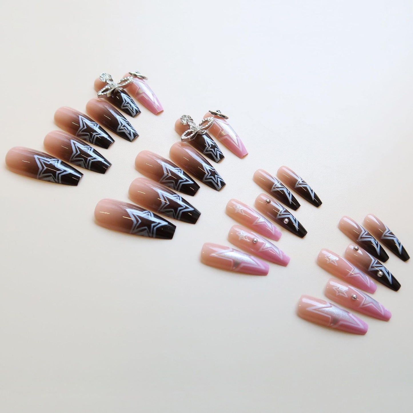 BABALAL Long Coffin Press on Nails - Y2K Goth Black and Pink Star Planet Rhinestone Design Acrylic Glue on Nails for Women and Girls 24 Piece