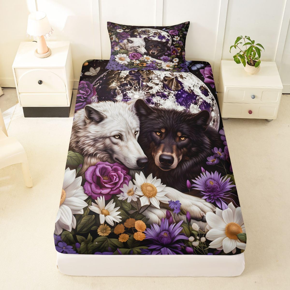 Feelyou Wolf Fitted Sheet Twin Size for Kids Boys Girls Halloween Themed Bed Sheets Set 16" Deep Pocket Soft Breathable Microfiber Trick or Treat Bedding with 1 Pillowcase Wolves Howling Room Decor