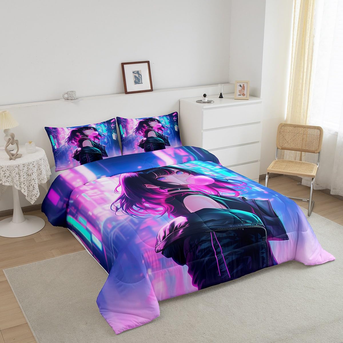 Erosebridal Anime Girl Comforter Set Full Size, Kawaii Japanese Anime Quilt for Kids Boys Teens Adult, Cartoon Girl Bedding Set Japan Animation Bedroom Decor, Machine Washable, Lightweight