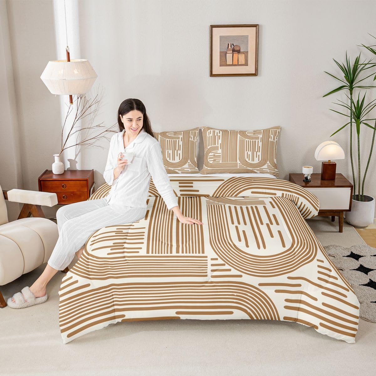 Feelyou Orange Modern Abstract Bedding Set Soft for Boys Girls, Boho Rainbow Comforter Set Queen Size Bohemian Geometric Duvet Quilt Microfiber Bedroom Decor 3 Pcs with 2 Pillow Cases