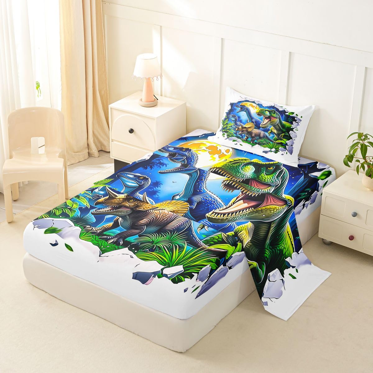 Feelyou Dinosaur Bed Sheets Set Twin Size 3D Digital Print Deep Pocket Fitted Sheet Jungle Dino Bedding Sets Wild Animal Soft Bed Set 3Pcs with 1 Pillow Cases White Green Blue