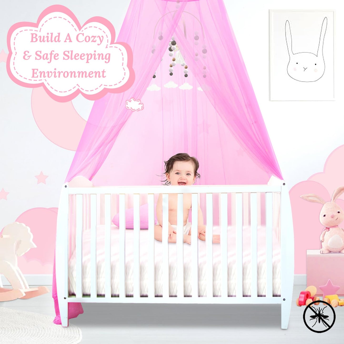 South to East Pink Bed Canopy for Girls, Princess Bed Canopy for Kids Room, Mosquito Net Canopy Girls Beds, Fire Retardant Fabric