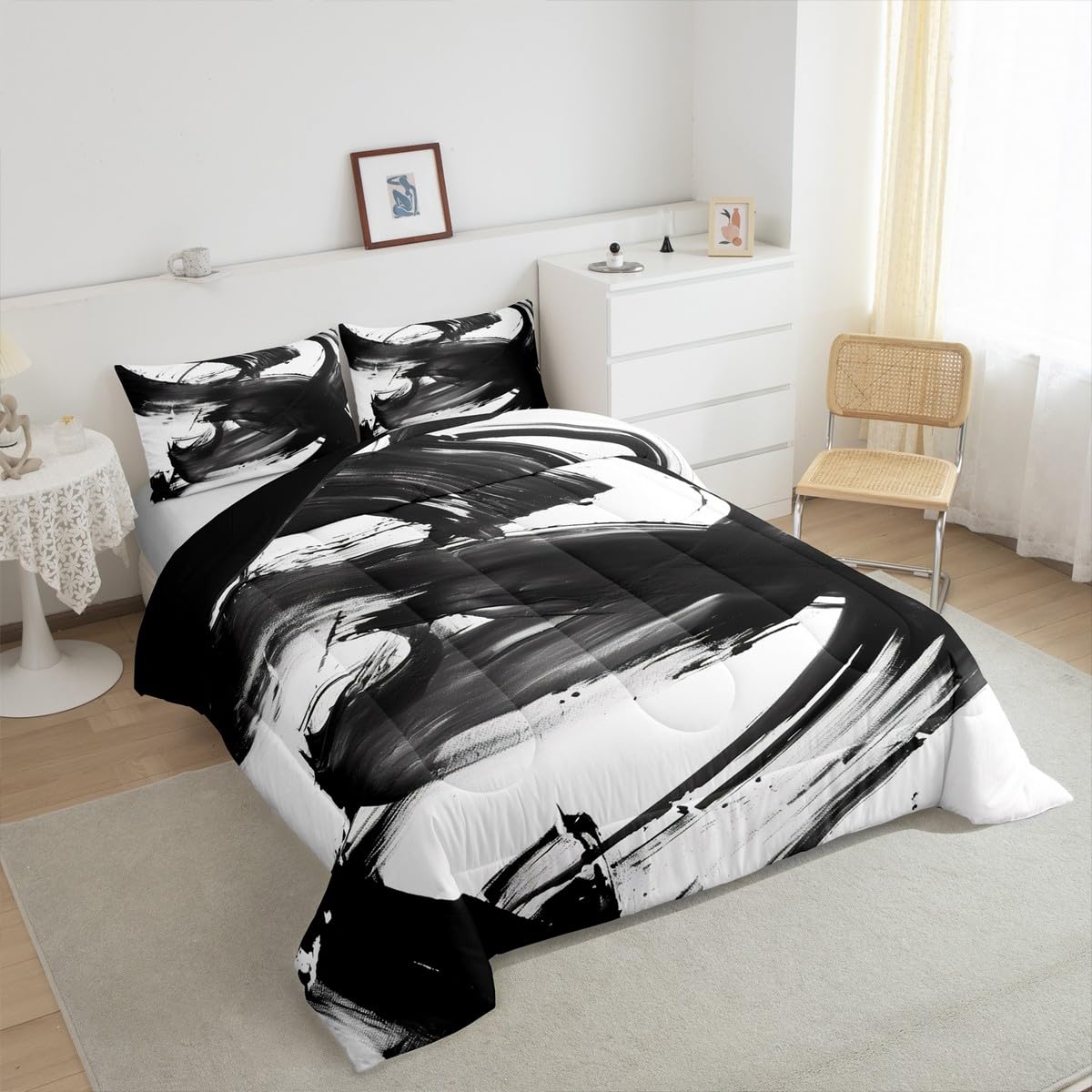 jejeloiu Black White Comforter Set Twin Size Abstract Line Bedding Set for Kids Boys Girls Decor Modern Art Duvet Quilt Soft Microfiber Bedroom Decor,with 1 Pillow Case