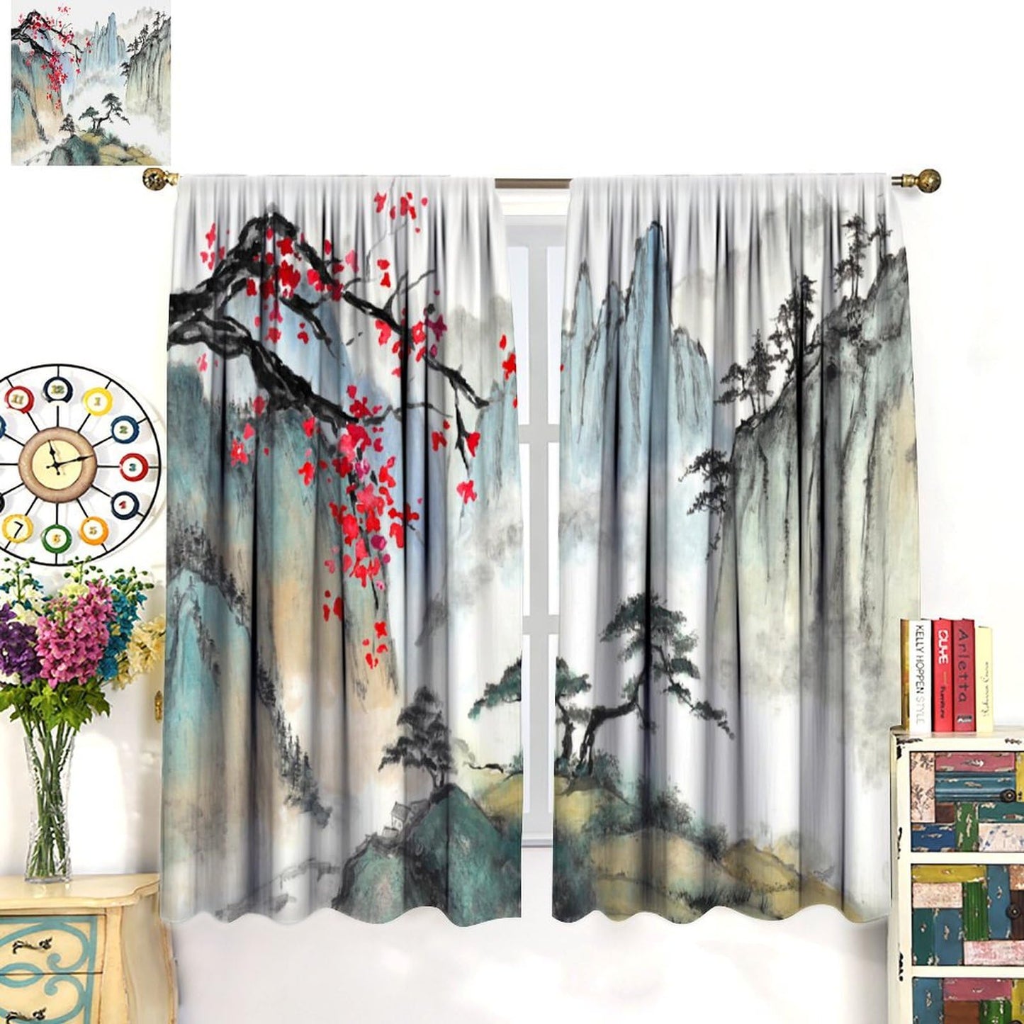 Japanese Curtains, Cherry Blossom Asian Oriental Chinese Nature Mountain Red Floral Flowers Lake Tree Art Print Window Drapes For Bedroom Living Room Kitchen Decor,2 Panel Set,42x45 Inch Decor