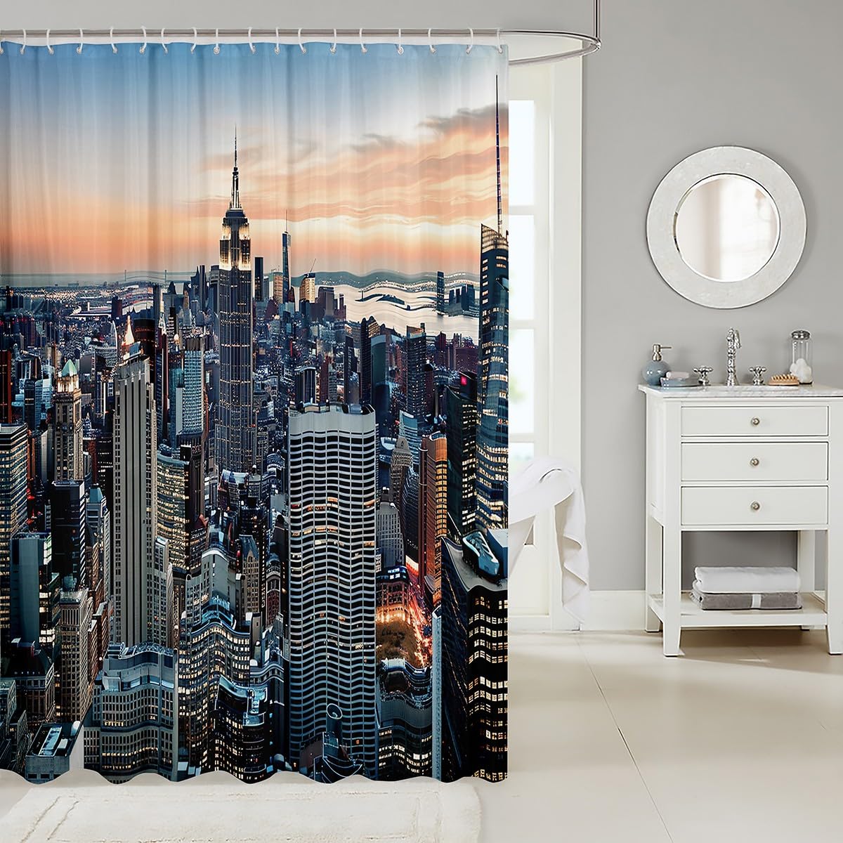 New York Shower Curtain New York City Manhattan Skyline Cityscape Waterproof Bath Curtain Contemporary Artistic Sunset Landscape Bathroom Set with 12 Hooks for Stalls Bathtubs Decorations 72"Wx72"L