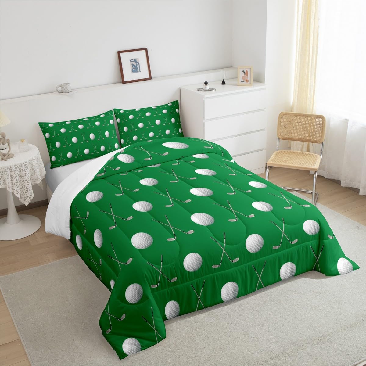 Homewish Golf Ball Comforter Set,Golf Sports Game Bedding Set for Kids Girls Women,Adults Green White Comforter,Ball Sports Quilted Duvet Set Bedroom Collection Twin Size 2Pcs