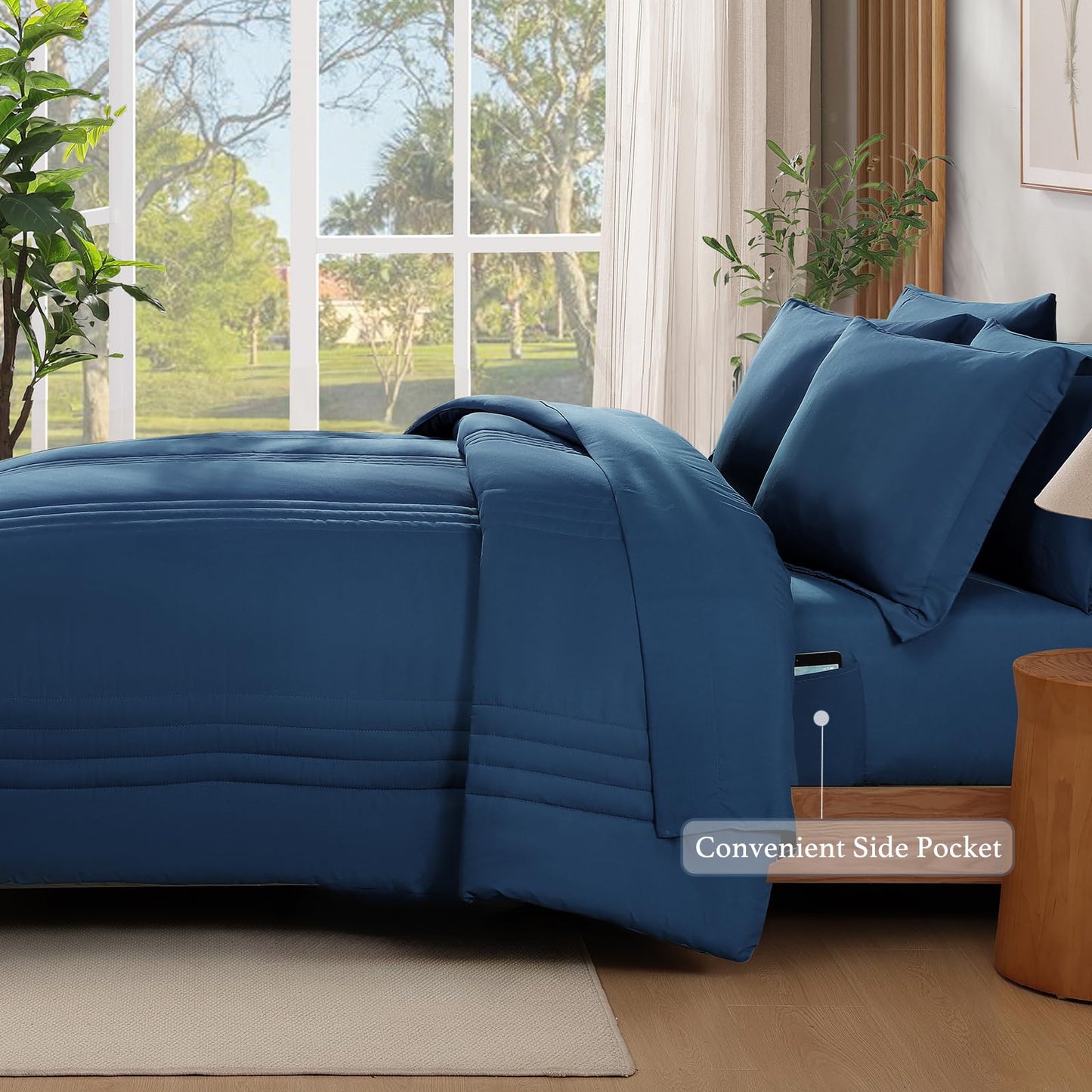 Monbix Queen Comforter Set - 7 Pieces Serenity Blue Bed in a Bag, Queen Size Bedding Sets with Comforters, All Seasons Comforter with Sheets,Pillowcases & Shams