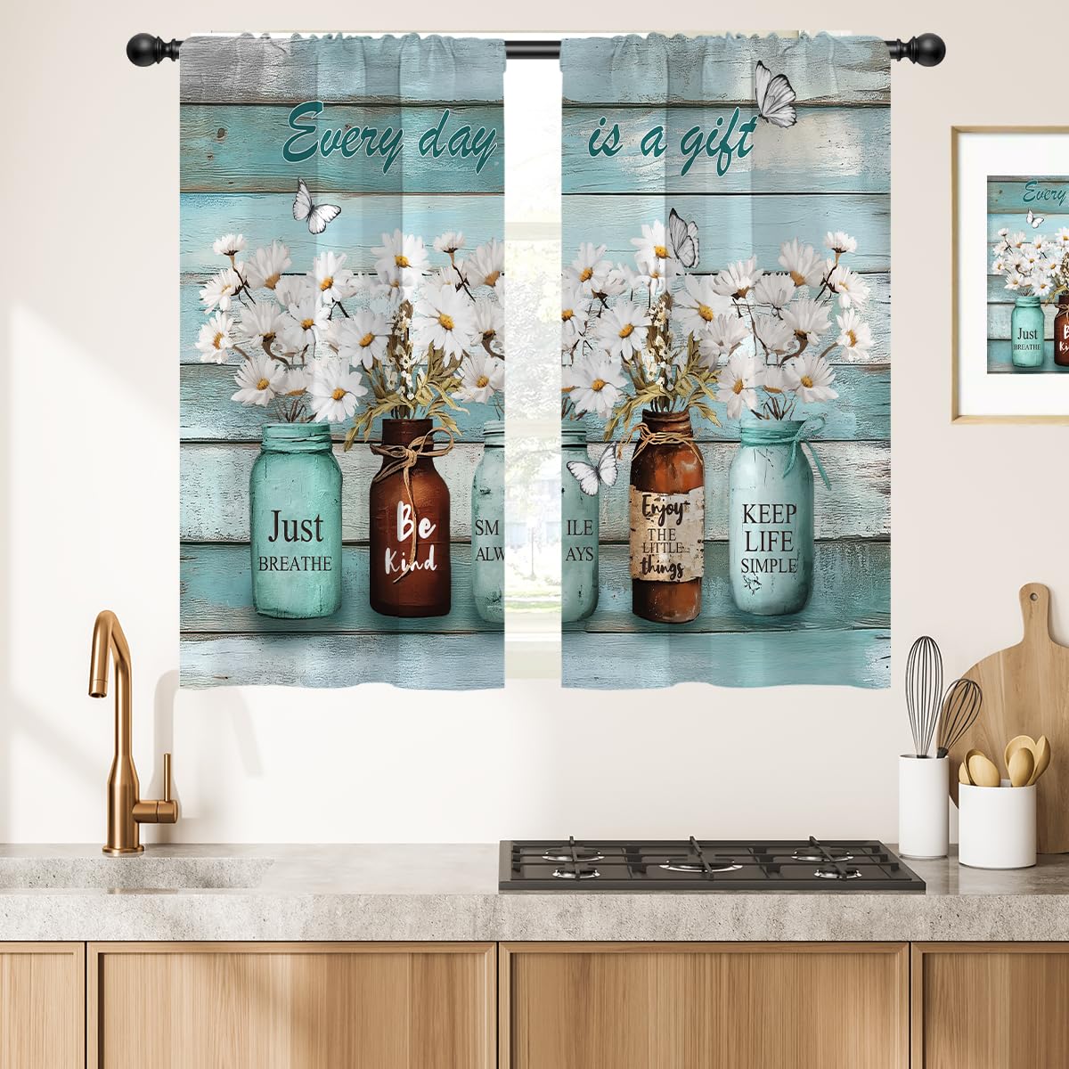 EOVDSFW Teal Floral Kitchen Curtains, Small Short Tiers, 27.5 x 39 Inch