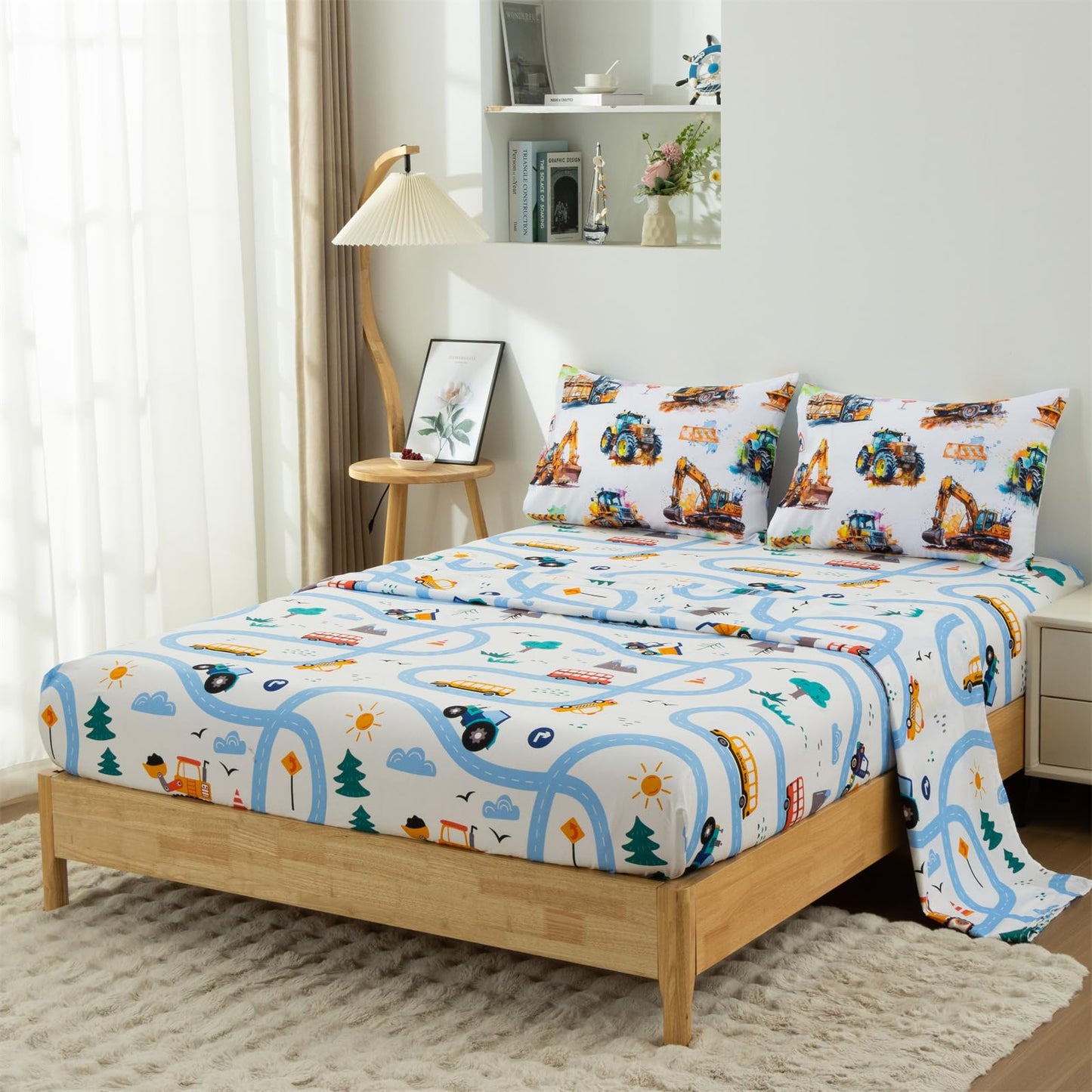 Holawakaka Trucks Tractors Cars Boy Bedding Comforter Set with Sheets, Twin Size Cartoon Construction Car Excavator Print Kids Bed in A Bag 5-Piece, Boys Reversible Dorm Bed Sets (Multi Twin)