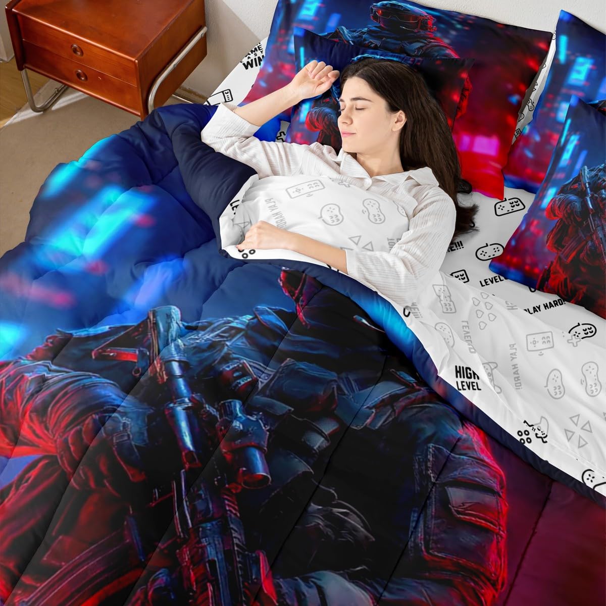 jejeloiu Soldier Comforter Set Twin Size 7 Pieces Army Rifle Machine Gun Bedding Set for Kids Boys Girls Military Themed Bed in a Bag Bedroom Decor All Season Quilted Breathable Soft Lightweight