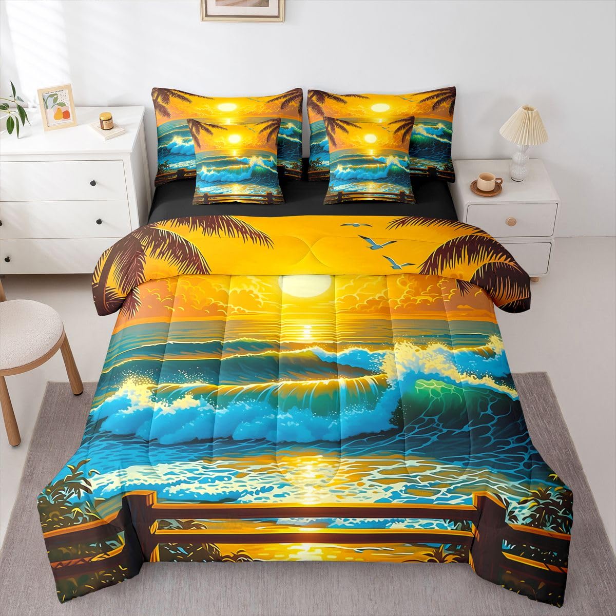 Erosebridal Tropical Sunset Queen Bedding Set Summer Palm Tree Comforter Set Kids Teens Adults Vibrant Sunlight Ocean Wave 7-Piece Bed in a Bag Seagull Beach Travel Quilt Sets