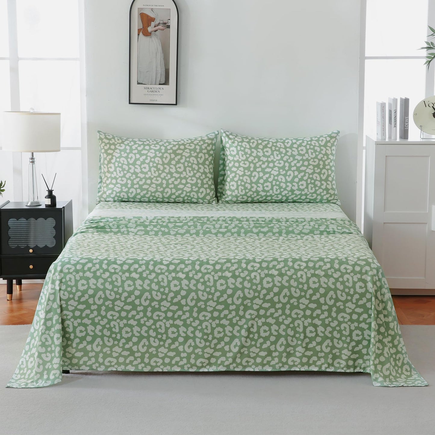 Yibeizi Sage Green Cheetah Print Sheets Set Deep Pocket Queen Size Bed Sheets Set, Leopard Printed Soft Microfiber Oeko-Tex Sheets & Pillowcases Hypoallergenic Wrinkle Free Bedsheets