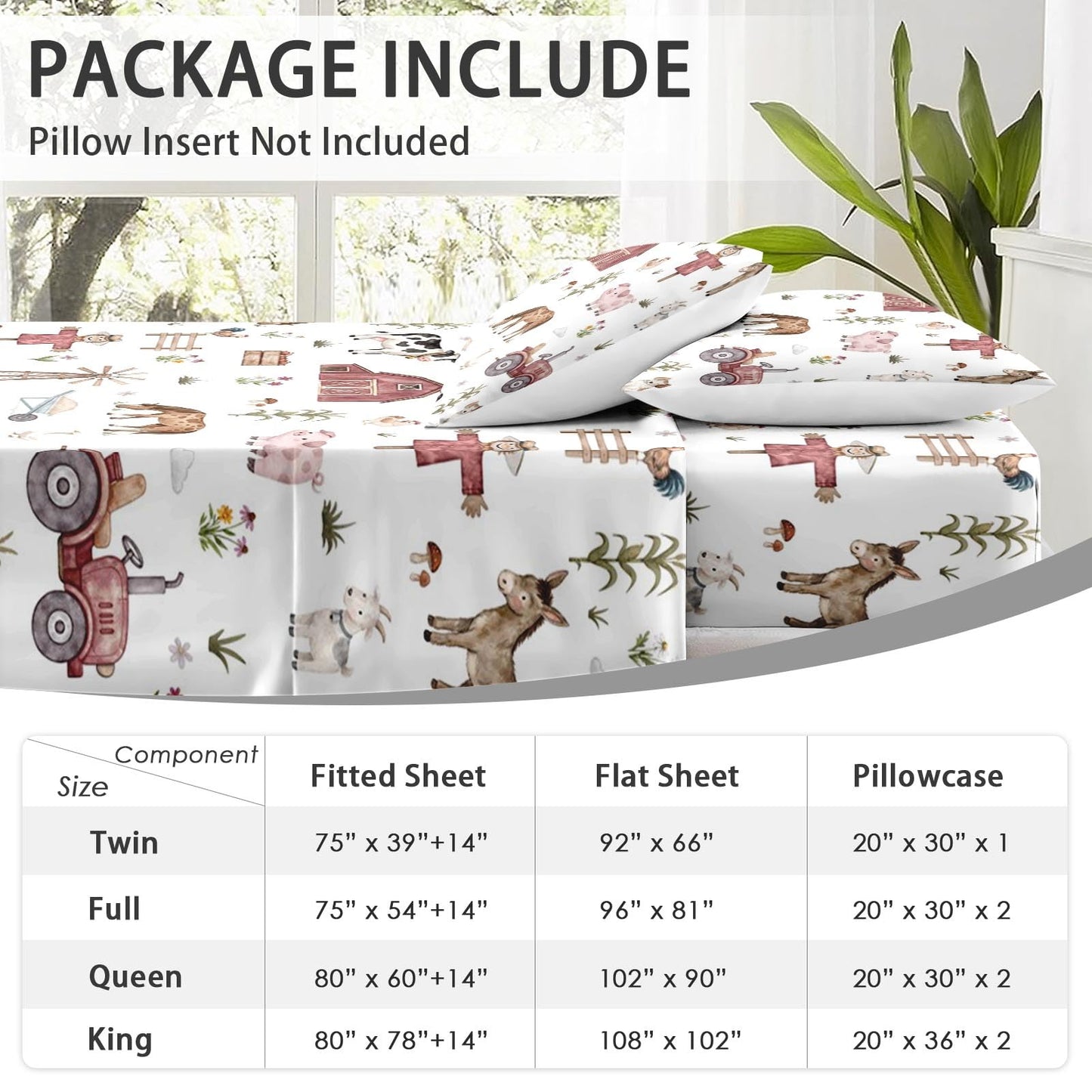 WeCozy Queen Size 4 Pcs Bed Fitted Sheet Set with 14" Deep Pocket, Animal Farm Tractor Flat Sheet Set for Kids and Adults, House Tree Pig Bedding with 2 Pillowcases for Bedroom Decor