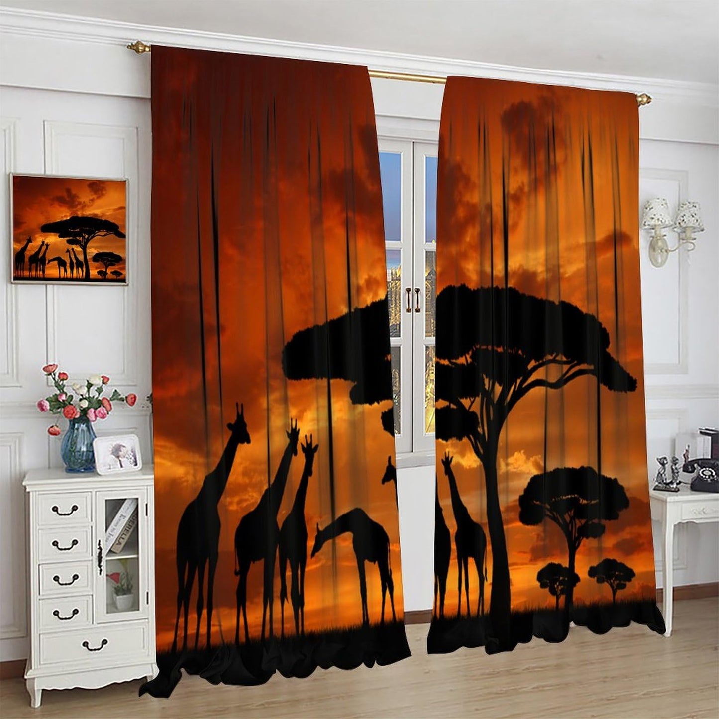 Africa Curtains, Savannah Animal Giraffe and Majestic Tree at Sunrise in Kenya, Living Room Bedroom Rod Pocket Blackout Window Drapes Burnt Orange and Black 42" W X 45" L
