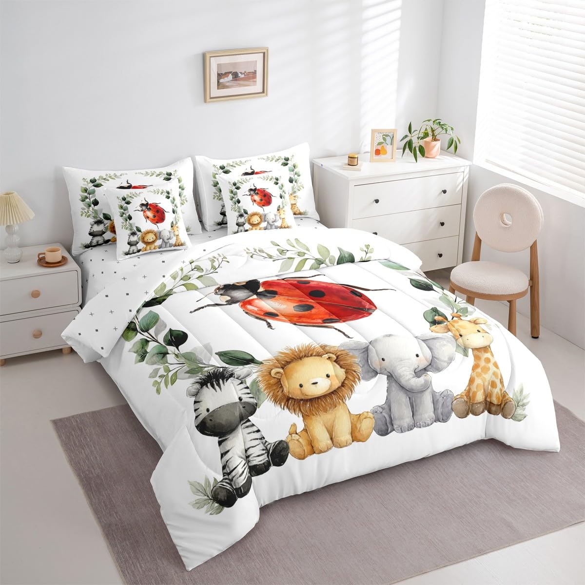 Erosebridal Cute Zoo Animal Twin Size Comforter Set with Sheets Kids | Kawaii Ladybug 7-Piece Bedding Set Botanical Eucalyptus Bed in a Bag Cartoon Zebra Lion Elephant Giraffe Bed Quilt Sets