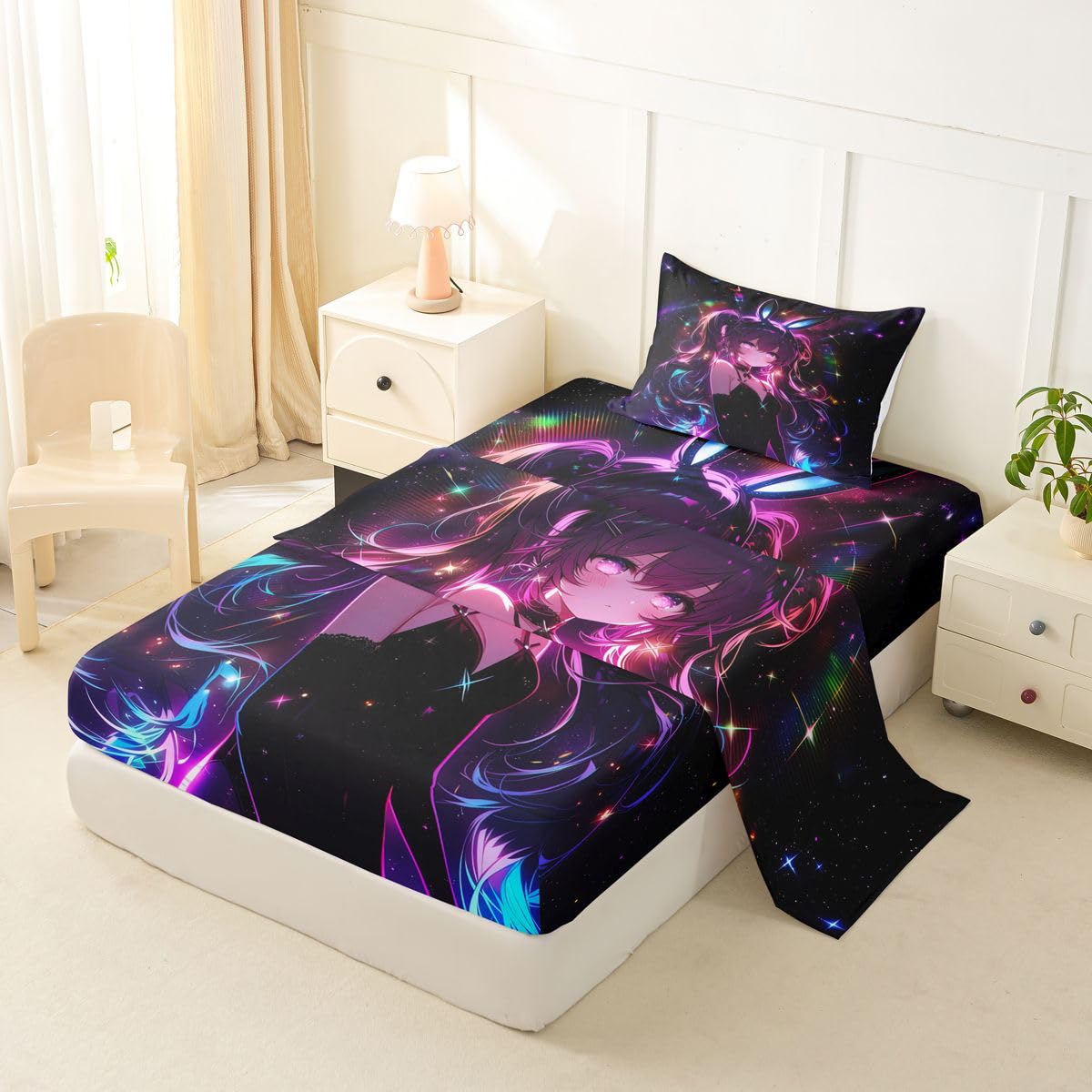 Erosebridal Cute Bunny Girls Sheets Twin Japanese Anime Girl Bed Sheets Set Cartoon 3D Sheet Set for Boys Girls Magical Neon Stars Bed Sets 3Pcs
