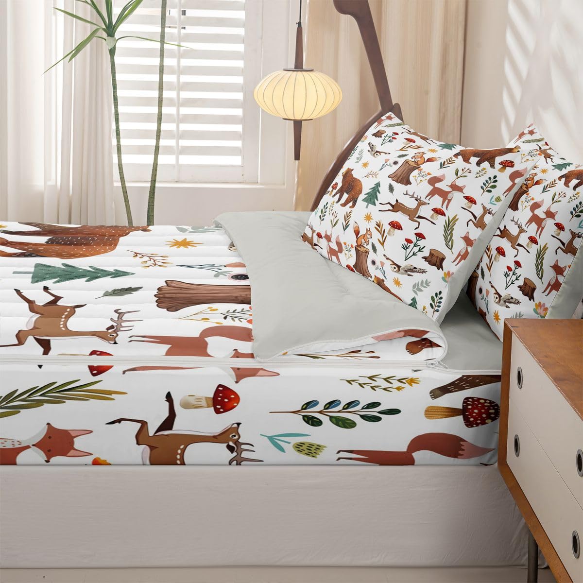 Erosebridal Woodland Animal Zip Up Comforter Set Bear Deer Forest Theme Twin Zipper Bedding Wildlife Hunting Theme Bed Set with Sheets Farmhouse Cabin Wildflower Mushroom Bed in a Bag Bedroom Decor
