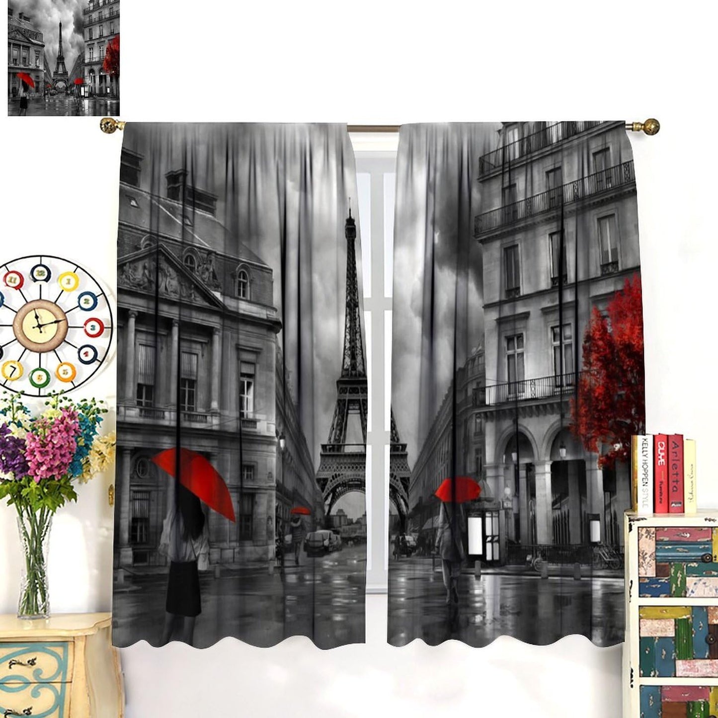 Wallira Paris Eiffel Tower Curtains Black Red French City Romantic European Lady Stylish Decor Rod Pocket Window Treatments for Girl Women Aldult Bedroom Living Restaurant Drapes 41" W X 45" L