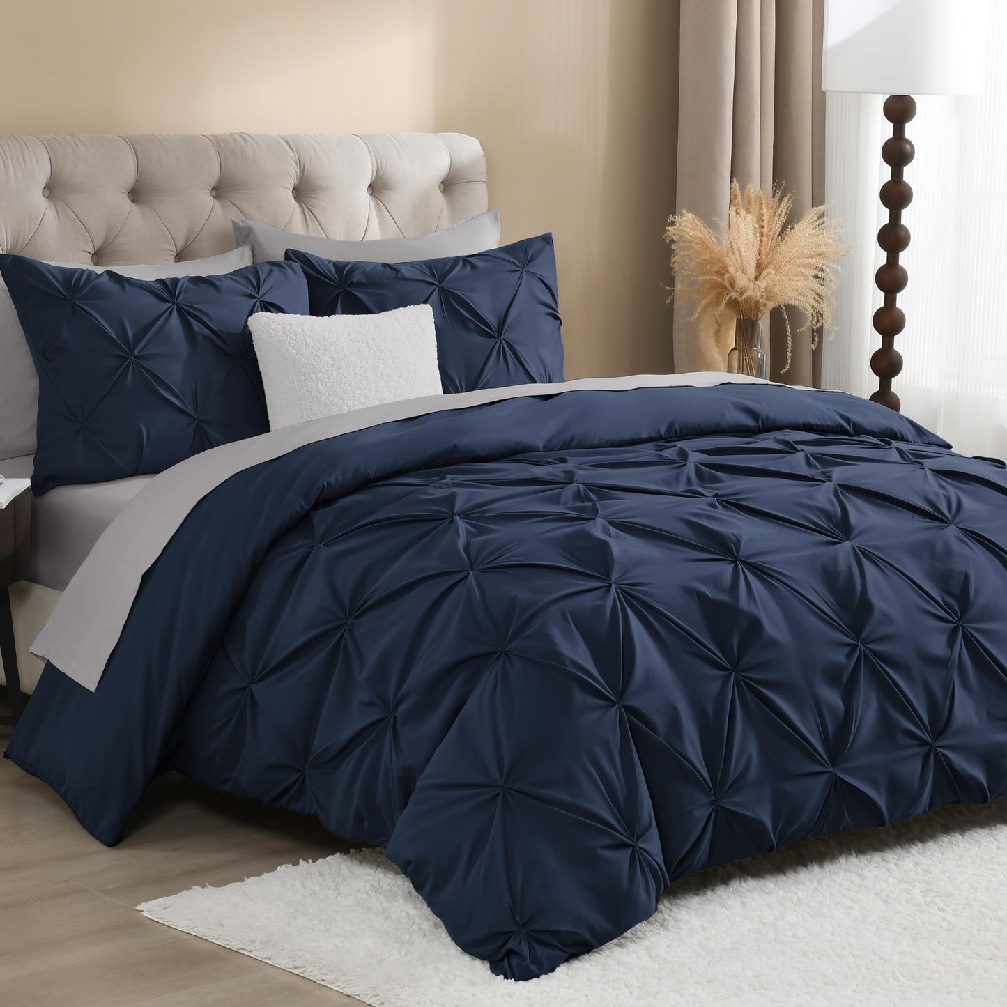 Litanika Navy Blue Pinch Pleat Duvet Cover Queen, 3 Pieces Pintuck Cover Soft Polyester Bedding Set with Zipper Closure & Corner Ties(90x90Inch-1 Duvet Cover, 2 Pillowcases)