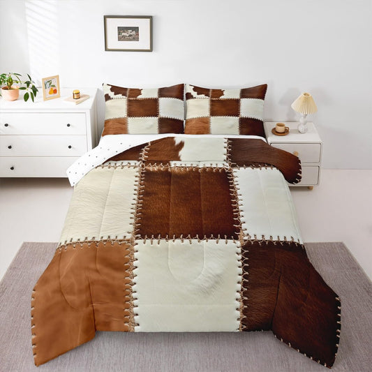 Cowhide Comforter Set Rustic Western Patchwork Comforter Cover for Kids Boys Girls Cow Fur Bedding Set Breathable Black Brown Animal Skin Pattern Duvet Set Room Decor Comforter Inner Fill Queen Size