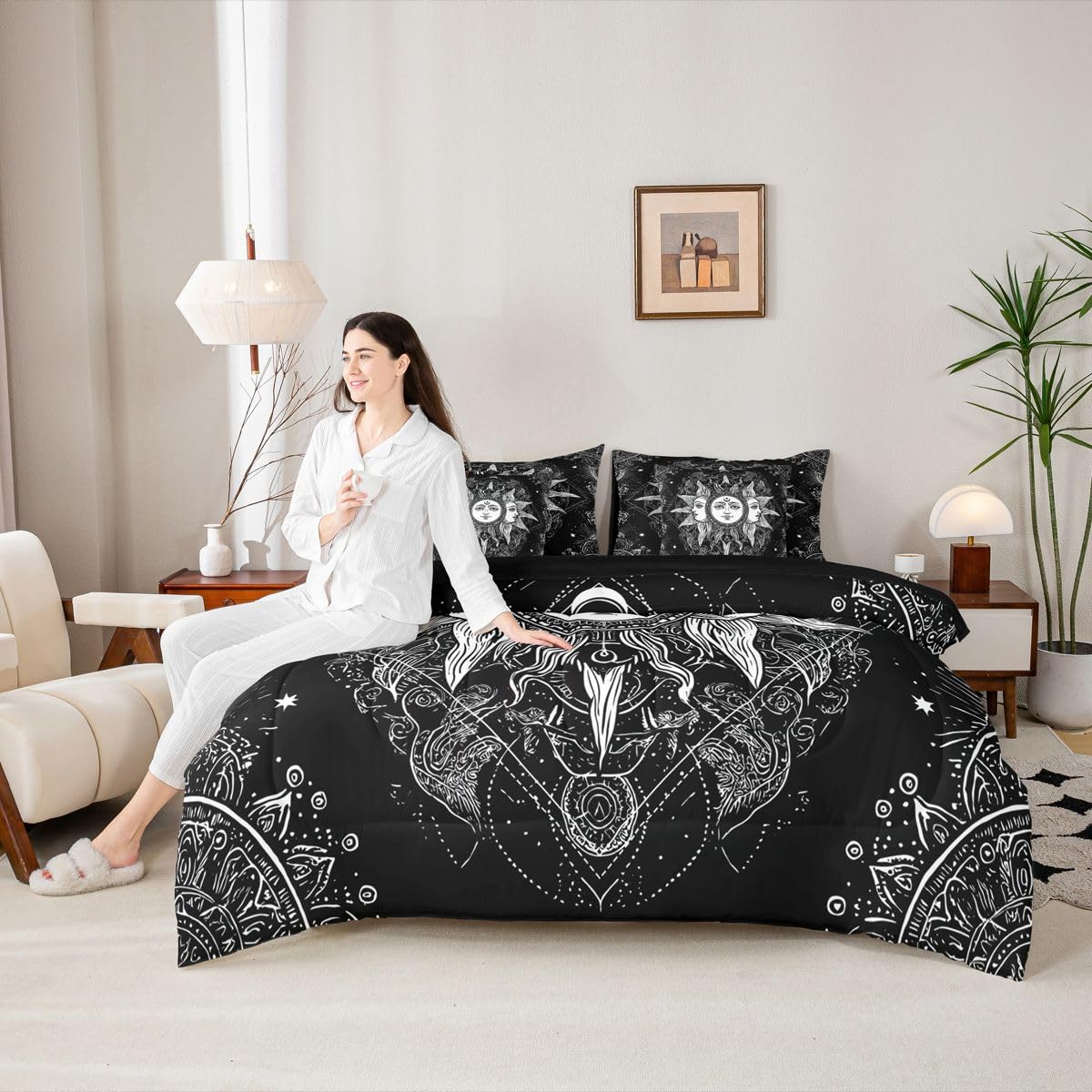 Erosebridal Bohemian Black and White Bed in a Bag Queen Comforter Set 7-Piece | Sun and Moon Bedding Sets Boho Floral Paisley Damask Comforter and Sheet Set, Tribe Exotic Mandala Room Decor