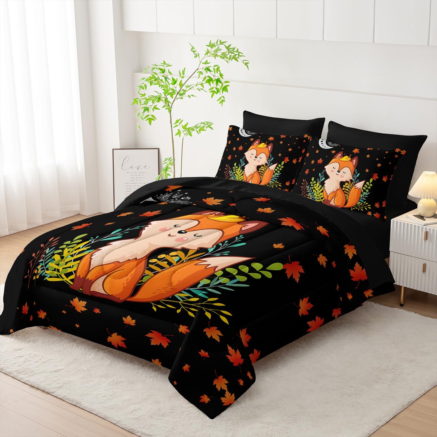 XYNHML Cartoon Fox Comforter Set 7Pcs Cute Fox Bedding Set for Kid Boy Girl Adult Moon Plants Leaves Printed Quilt Set Twin with 2 Sheets,2 Pillowcases,2 Throw Pillow Covers